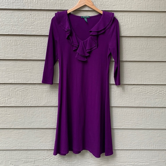 Lauren Ralph Lauren Purple Dress V-Neck 3/4 sleeve Ruffles A-line - Picture 1 of 5